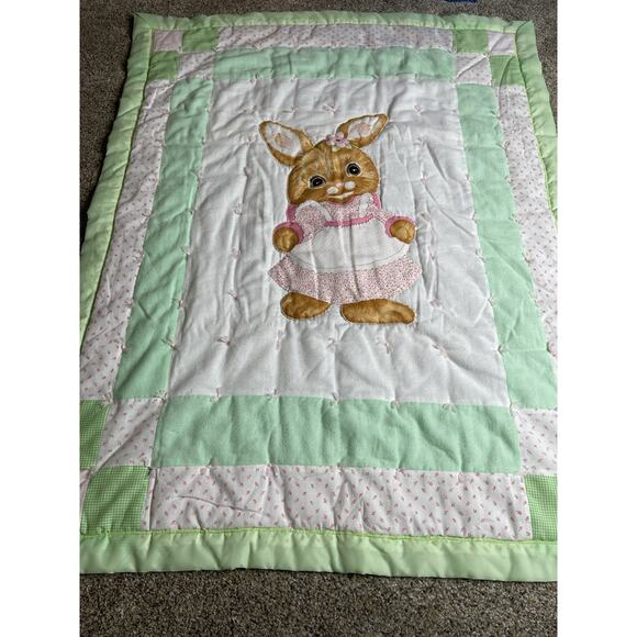 Handmade Other - Vintage Bunny Quilt Patel Green Double Sided Lap Blanket Crib Nursery Decor